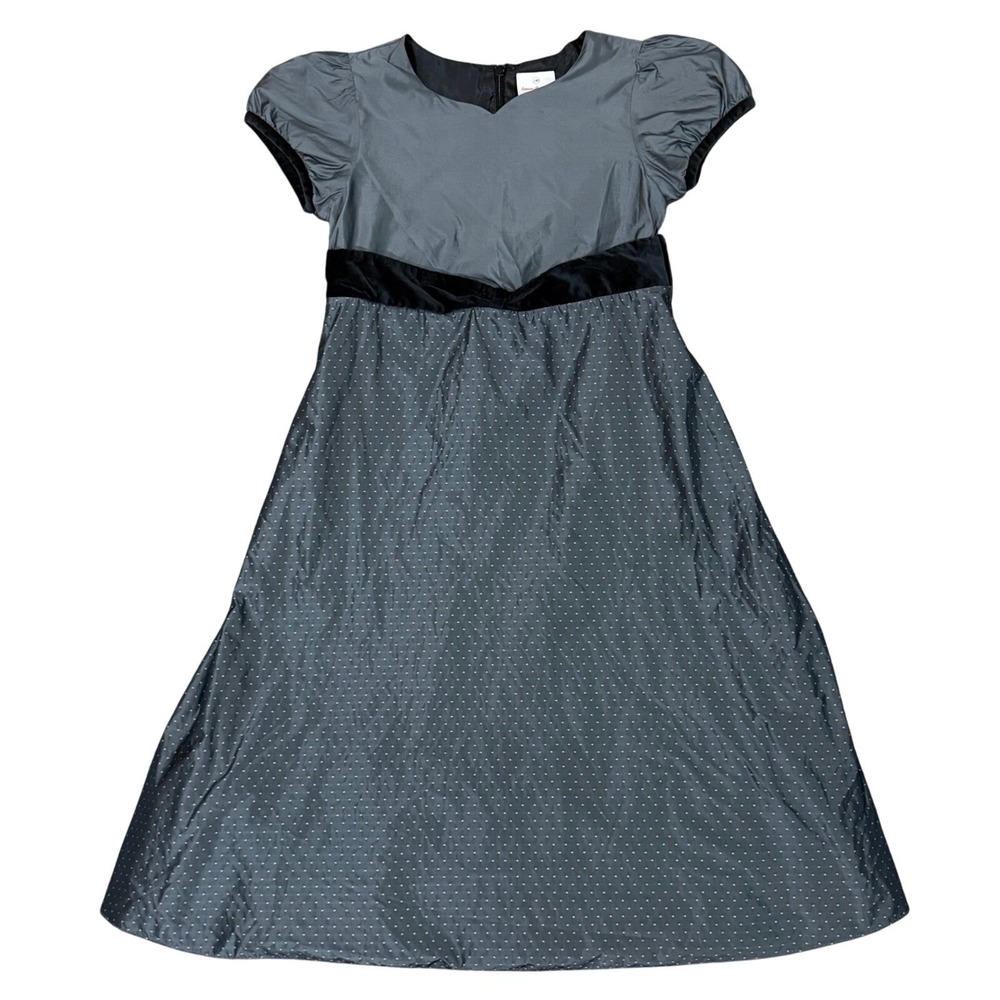 Hanna Andersson Girls Dress Size 140 Gray Polka Dot Velvet Ribbon Puff Sleeve 10